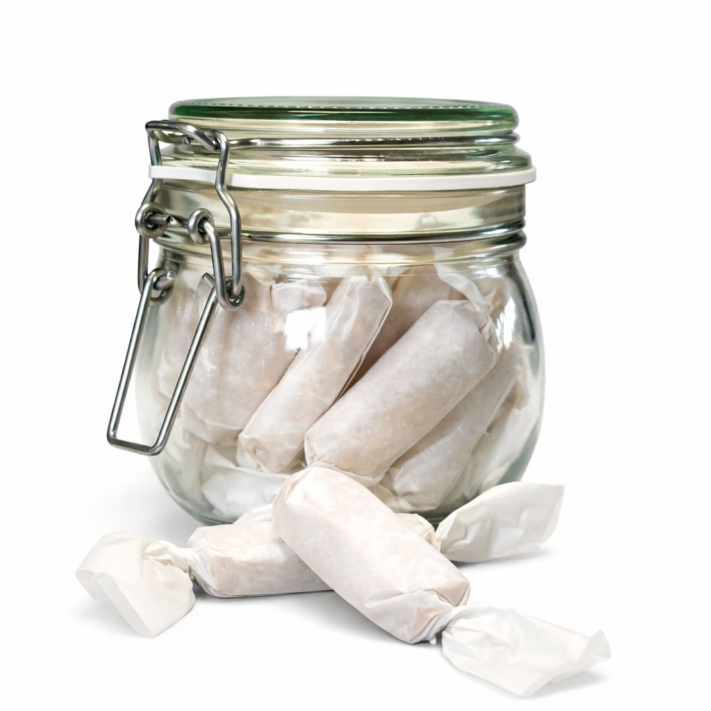 Frasco de vidrio con calugas artesanales como regalo dulce